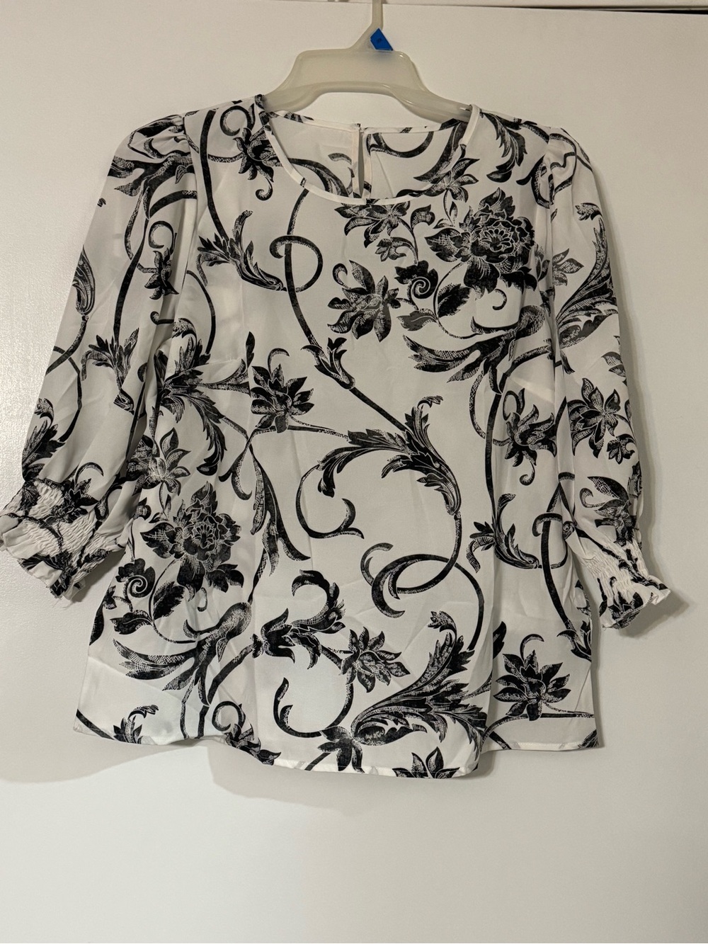 SHEIN White Blouse with Black Floral Scroll Print Puff Sleeves